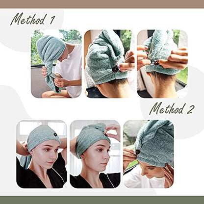 myHomeBody Hair Towel Wrap, Quick Drying Turban, Absorbent Cap – Green | Hair Turban Towel for wet hair, Ultra Soft Charcoal Fiber Cap, Towel Head Wrap for bathing with Coconut Shell Button - color: Pine Green