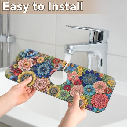 Kitchen Sink Splash Guard Faucet Mat Boho Flowers 1PC Super Absorbent Fast Drying Faucet Guard & Draining Mat Sink Splash Guard Behind Faucet Drip Catcher for Kitchen Bathroom RV (15.4" X 5.7" ) - size: 15.4" X 5.7"-1PC