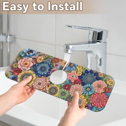 Kitchen Sink Splash Guard Faucet Mat Boho Flowers 2PCS Super Absorbent Fast Drying Faucet Guard & Draining Mat Sink Splash Guard Behind Faucet Drip Catcher for Kitchen Bathroom RV (15.4" X 5.7" ) - size: 15.4" X 5.7"-2PCS