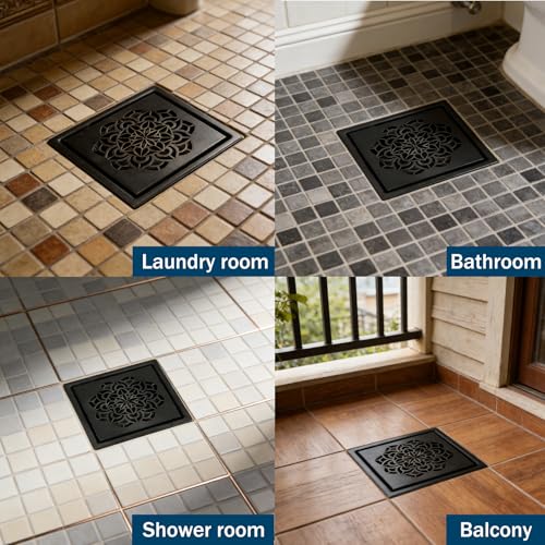 6 Inch Shower Drain, Square Shower Floor Drain Kit with Flange and Removable Cover Grate, AISI 304 Stainless Steel, Matte Black - color: Matte Black, size: 6 inches
