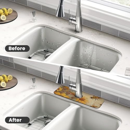 Rural Honey Bees flowers Printed Diatomite Kitchen Faucet Mat, Water Absorbent Sink Splash Guard, Quick Drying Faucet Pad , Non-Slip Sink Accessories for Kitchen Bathroom Counter (15" X 5.5" )