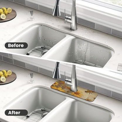 Rural Honey Bees flowers Printed Diatomite Kitchen Faucet Mat, Water Absorbent Sink Splash Guard, Quick Drying Faucet Pad , Non-Slip Sink Accessories for Kitchen Bathroom Counter (15" X 5.5" )