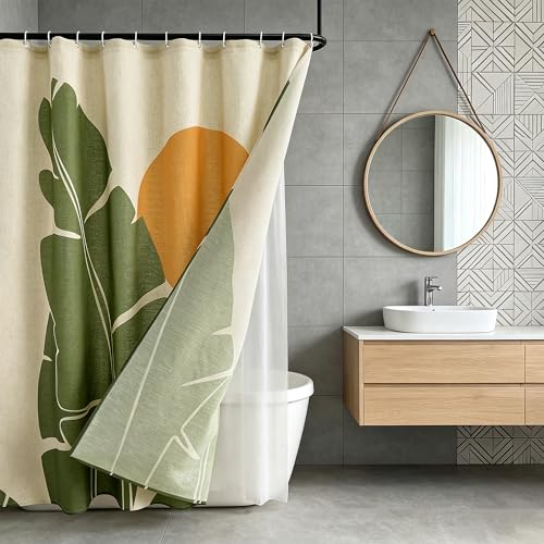 Tropical Leaves Linen Boho Shower Curtain Set with Liner,72" Wx72 L | Double Layer Shower Curtain Waterproof Fabric with Zippered Removable PEVA Liner,Boho Shower Curtain for Bathroom,Free Hooks - color: Banana Leaf