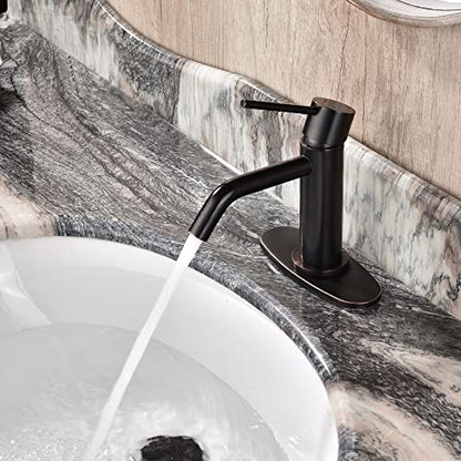 Oil Rubbed Bronze Bathroom Faucets Single Hole with 6 inch Deck Plate, JXMMP 1 Handle Rubbed Bronze Faucet for Bathroom Sink with Pop Up Drain and Water Faucet Supply Lines - color: Oil Rubbed Bronze, size: Faucet with Deck Plate