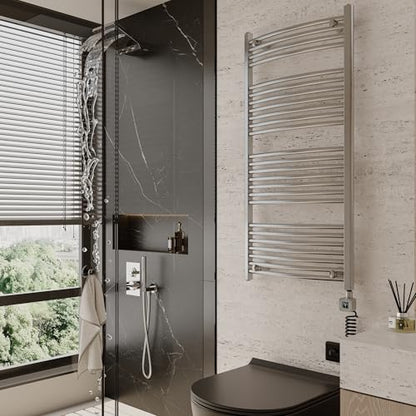 Smart Towel Warmer with Timer and Temperature Control, Plug-in/Hardwired Towel Rack Heater Compatible with Alexa and Google Home, Large Liquid Filled Smart Towel Heated Rails, Brushed