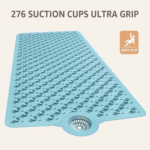 OTHWAY Bath Mat for Tub Non Slip: 39" X 17" Long Bathtub Mat with Hair Catcher│Big Drain Holes Shower Mats for Inside Shower│Machine Washable (Blue) - color: Blue