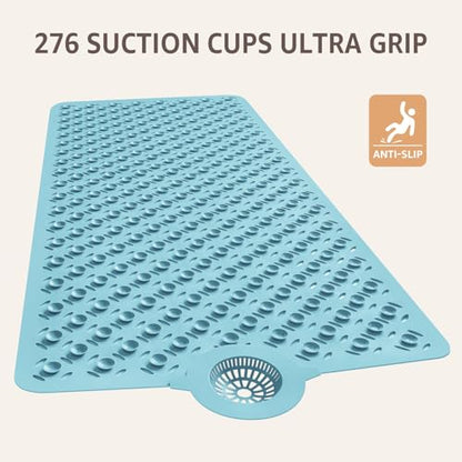 OTHWAY Bath Mat for Tub Non Slip: 39" X 17" Long Bathtub Mat with Hair Catcher│Big Drain Holes Shower Mats for Inside Shower│Machine Washable (Blue) - color: Blue