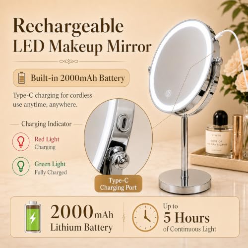 Ysenchan Lighted Makeup Mirror, 8'' Rechargable LED Vanity Magnifying Mirror, Double Sided 5X Manification Mirror with Stand, Cosmetic Standing Desk