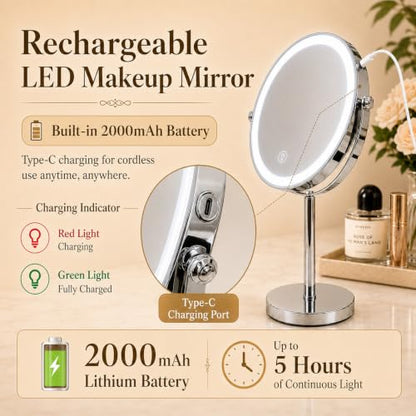 Ysenchan Lighted Makeup Mirror, 8'' Rechargable LED Vanity Magnifying Mirror, Double Sided 5X Manification Mirror with Stand, Cosmetic Standing Desk