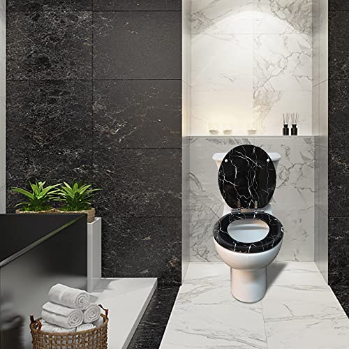 Angel Shield Marble Toilet Seat Durable Molded Wood with Quiet Close,Easy Clean，Quick-Release Hinges (Round,Black Marble) - color: Black Marble-Round, size: Round-16.5“