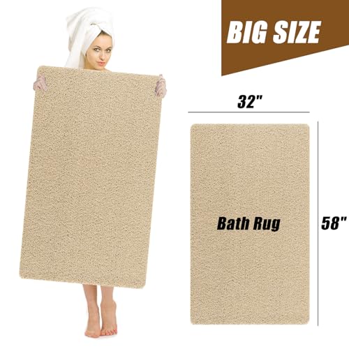 Extra Large Shower Mat, 58"x32" Large Shower Mat Non-Slip, Bathtub Mat Non-Slip, Quick Dry Bathtub Mats Soft PVC Loofah Trimmable Bathroom Rugs, Shower and Wet Areas for Tub and Bathroom, Light Khaki - color: Light Khaki, size: 58" x 32" (Rectangular)
