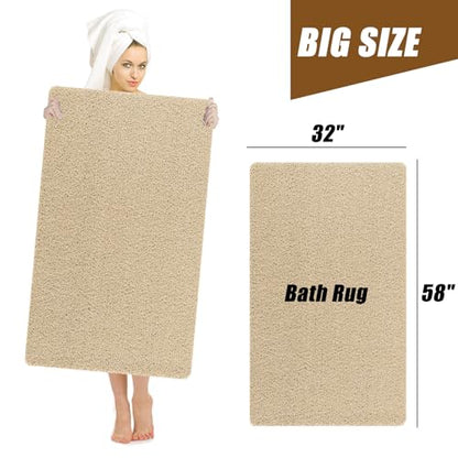 Extra Large Shower Mat, 58"x32" Large Shower Mat Non-Slip, Bathtub Mat Non-Slip, Quick Dry Bathtub Mats Soft PVC Loofah Trimmable Bathroom Rugs, Shower and Wet Areas for Tub and Bathroom, Light Khaki - color: Light Khaki, size: 58" x 32" (Rectangular)