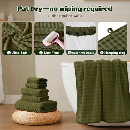COZYART Lint Free 8 Pcs Bathroom Towels Set Ultra Soft Microfiber Fluffy | Thick, Highly Absorbent, Fast Dry, No Shedding, No Pilling, Fade Resistant, Durable, Long-lasting Olive Green - color: Olive Green