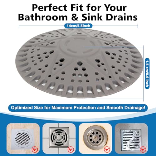 ZOOY Shower Drain Hair Catcher, 2 Pack 5.5 Inch Large Silicone Drain Cover, Rubber Hair Drain Catcher, Anti-Clog Hair Trap Strainer Protector for Shower, Bathroom, Bathtub, Tub Sink(New Gery) - color: New Grey