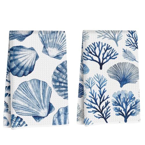 2 Pcs Coastal Beach Waffle Kitchen Towel Soft Absorbent Hand Tea Towels - color: Multi 1571