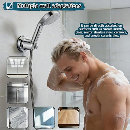 Vacuum Suction Cup Shower Head Holder, Adjustable Height No Drill Shower Arm Bracket with 360° Swivel, Handheld Shower Holder for Tile/Glass, Chrome Finish, Strong Hold for up to 11 lbs