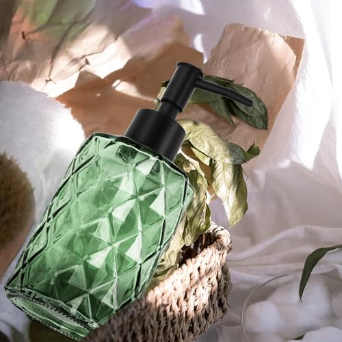Clear Green Glass Soap Dispenser with Pump, 12oz Diamond Design Hand Soap Dispenser, Refillable Lotion Dispenser & Dish for Dishwashing Liquid, Shower Gel - color: Diamond Green