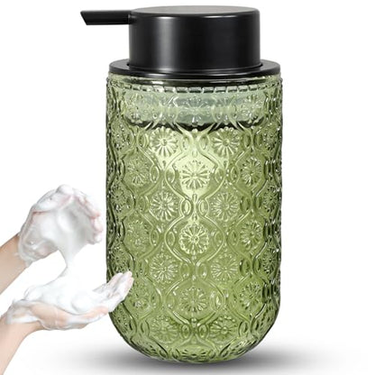 Glass Foaming Soap Dispenser - Foam Hand Soap Dispenser for Bathroom, 12 Oz Face Wash Dispenser Bottle with Foam Pump, Refillable Dish Dispenser for Kitchen (Green) - color: Green