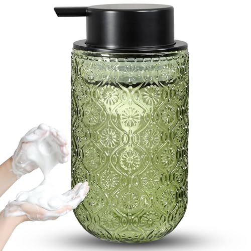 Glass Foaming Soap Dispenser - Foam Hand Soap Dispenser for Bathroom, 12 Oz Face Wash Dispenser Bottle with Foam Pump, Refillable Dish Dispenser for Kitchen (Green) - color: Green