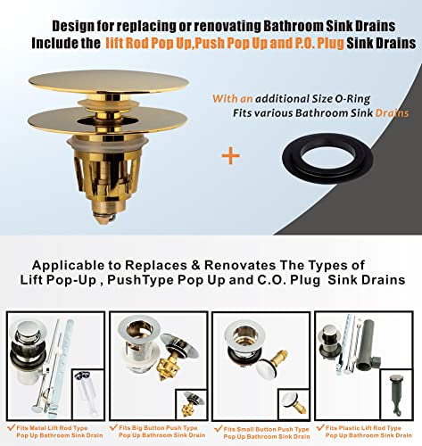 Universal Bathroom Sink Drain Stopper, Fits Most Pop-Up Drains for Vessel Sink Lavatory Vanity, Sink Drain Strainer with Detachable Hair Catcher, Tested by Plumber in US (Polished Brass) - color: Polished Brass