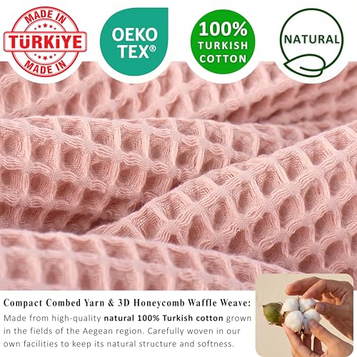 PÜSKÜL Natural 100% Turkish Cotton Waffle Kitchen and Hand Towels, 3-Piece | Pink Powder, 32x16" Large, Premium 3D Honeycomb Weave Soft Absorbent Quick-Dry Lint-Free Dish Towel, Oeko-Tex Made in Turkey - color: Pink Powder, size: Kitchen & Hand Towels Pac