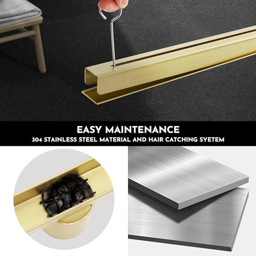 32 Inch Ultra Narrow Linear Shower Drain, Brushed Gold Extra Slim Shower Drain, 304 Stainless Steel, Easy to Install and Clean for Bathrooms (Drain Base Not Included), LSDE8-31A-32G - color: Brushed Gold, size: 32 Inch