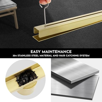 32 Inch Ultra Narrow Linear Shower Drain, Brushed Gold Extra Slim Shower Drain, 304 Stainless Steel, Easy to Install and Clean for Bathrooms (Drain Base Not Included), LSDE8-31A-32G - color: Brushed Gold, size: 32 Inch