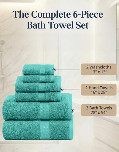 LANE LINEN Towel Set 6 Piece Soft Absorbent Quick Dry 100% Cotton - Teal | Towels And Washcloths - Terry Weave Comfort, Long-Lasting Comfort, Hotel-Style Look, Gets Softer With Every Wash - color: 09: Teal