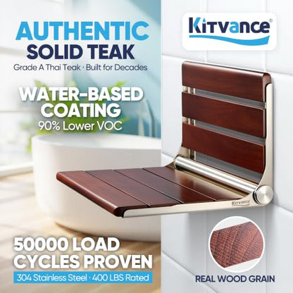 [Upgraded Version] 18" ADA Compliant Folding Teak Shower Seat Wall Mounted-Folding Shower Bench, Folding Shower Seat for Inside Shower, Teak Foldable Shower Chair, Fold Down Shower Seat, Max 400lbs - size: 18.4*13.4*10.3 Inch Teak