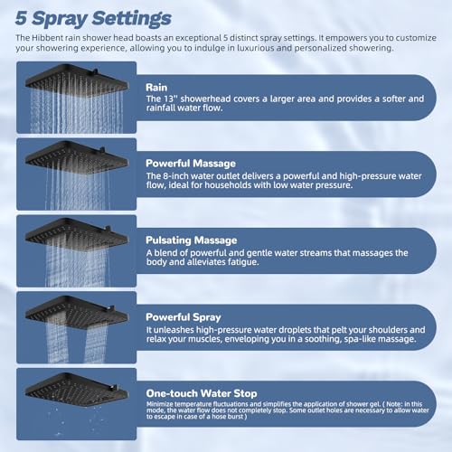 Hibbent 5-Mode 13" Rain Shower head, 4-Spray Handheld Shower, Matte Black | cUPC Certified High Pressure Showerhead Combo, All Metal 4-way Diverter Extension Arm & Handheld Spray, 71'' Hose & Holder - color: Matte Black, style: Square 13"