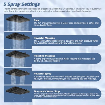 Hibbent 5-Mode 13" Rain Shower head, 4-Spray Handheld Shower, Matte Black | cUPC Certified High Pressure Showerhead Combo, All Metal 4-way Diverter Extension Arm & Handheld Spray, 71'' Hose & Holder - color: Matte Black, style: Square 13"