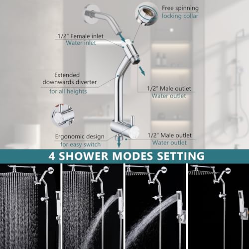 PDPBath Brass Shower Arm Diverter with Adhesive Handheld Holder for Easy Reach, Upgrade Low 3-Way Diverter with Pause Setting, G1/2 Universal Connection - Chrome - color: Chrome-3