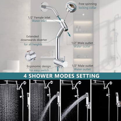 PDPBath Brass Shower Arm Diverter with Adhesive Handheld Holder for Easy Reach, Upgrade Low 3-Way Diverter with Pause Setting, G1/2 Universal Connection - Chrome - color: Chrome-3