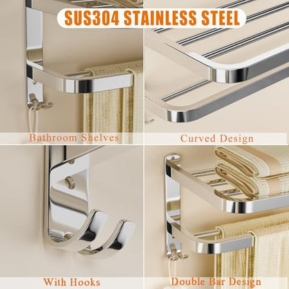 Generic NICETAKU 23inches Towel Racks for Bathroom Towel Shelf with Double Towel Bars Lavatory Wall Mount Holder with Hooks Stainless Steel Hotel Bath Rack (Silver) - color: Silver1