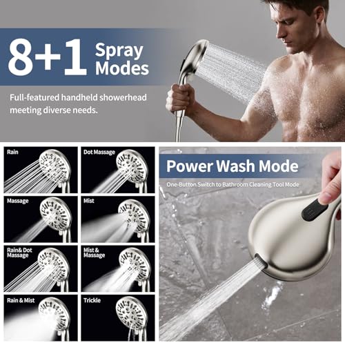 High Pressure Dual Shower Head with Handheld Spray Combo | 9 Spray Modes Handheld Showerhead, Double Rainfall Structure, Waterfall Shower Equipped with 79-Inch Hose, Brushed Nickel - color: Brushed Nickel