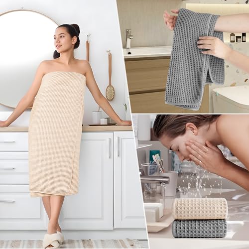 POLYTE 430 GSM Poly Blend Microfiber Quick Dry Waffle Bath Towel Set of 6 | 2-Body Towels, 2-Hand Towels, 2-Wash cloths, Oversize, Lint Free - color: Gray,light Beige