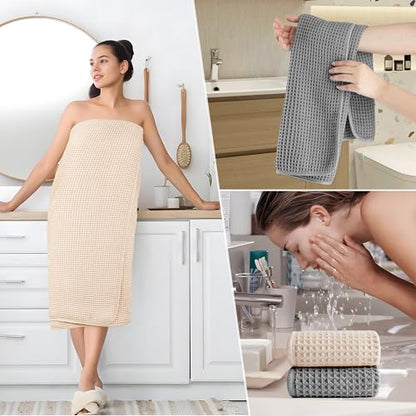 POLYTE 430 GSM Poly Blend Microfiber Quick Dry Waffle Bath Towel Set of 6 | 2-Body Towels, 2-Hand Towels, 2-Wash cloths, Oversize, Lint Free - color: Gray,light Beige