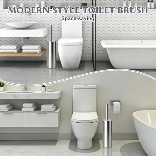 Toilet Brush and Holder Set,Stainless Steel Toilet Bowl Brush and Holder for Bathroom,Hidden Toilet Bowl Brush with 2 Heads,Heavy Duty Cleaner Brush with Removable Inner Bowl and Splash Protection - color: Silver-a2