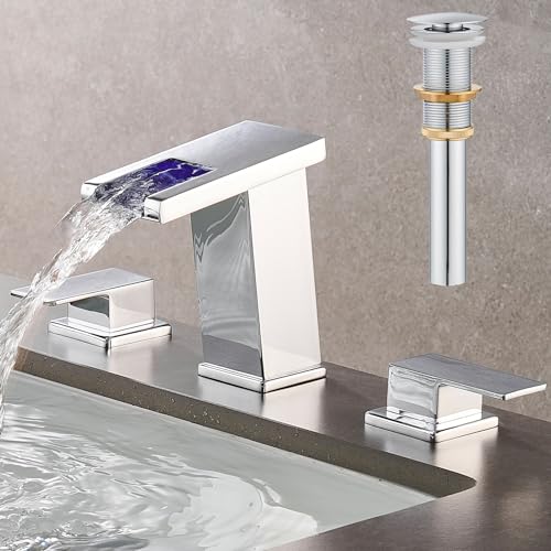 LED Bathroom Faucet 3 Hole, Chrome Waterfall Bathroom Faucets, 8 Inch Widespread Modern Bathroom Sink Faucet & Parts, Wide Spread Touch On Three Hole 2 Handle 3 Piece Bathroom Vanity Faucet - color: Chrome