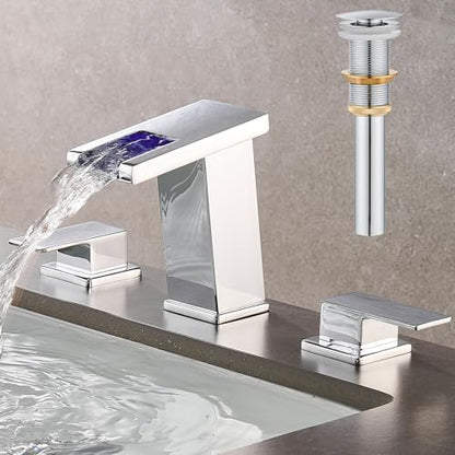 LED Bathroom Faucet 3 Hole, Chrome Waterfall Bathroom Faucets, 8 Inch Widespread Modern Bathroom Sink Faucet & Parts, Wide Spread Touch On Three Hole 2 Handle 3 Piece Bathroom Vanity Faucet - color: Chrome