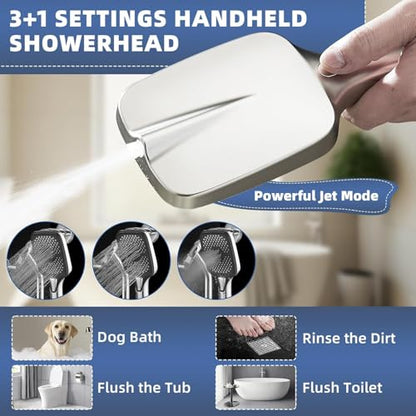 14" High Pressure Rain/Rainfall Shower Heads With Handheld Spray Combo (3+1 Settings & Built-in Power Wash Mode), Double/Dual Shower Head With Handheld - Height/Angle Adjustable(Polished Chrome) - color: Polished Chrome, size: 14 Inch