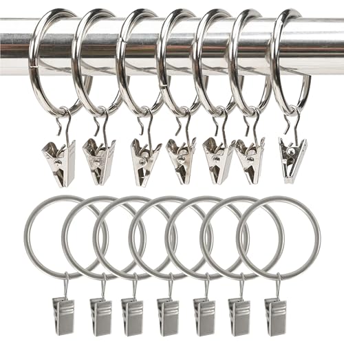 Curtain Rings with Hooks Set - Heavy Duty Metal Drapery Hooks & Eyelet Rings for Window, Shower, Door - Rustproof & Smooth Gliding Curtain Rod Ring, 5/8 to 3/4 Inch Internal Diameter 14 Pack - color: Silver