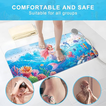 Upgrade Cartoon Baby Bath Mat Non Slip - 40"x16" Extra Long Bathtub Mat for Baby Eco Friendly Durable Bath Mat for Tub Non Slip Kids Tub Mat with Suction Cups, Machine Washable and No Fading, Mermaid - color: F-mermaid-3