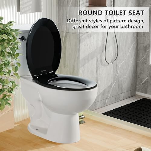 Angol Shiold Round Toilet Seat - Slow Close Hinges, Ergonomic Design with Grip-Tight Bumpers, Safe Easy-Clean PP Material (Black, 16.5" Round) - color: Black, size: Round 16.5‘’
