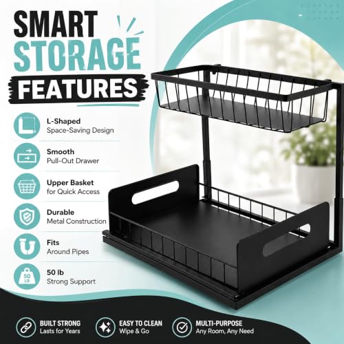 2-Tier Under Sink Organizer, Pull-Out Cabinet Storage Rack, Black, Adjustable Height 13.8 to 16.9 Inches