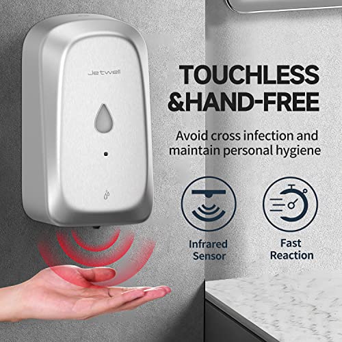 JETWELL Automatic Touch-Less Wall Mount Hand Soap Dispenser Liquid Drop Battery Operated, Brushed Stainless Steel Cover Large Capacity 34OZ/1000ML for Kitchen Home Commercial Bathroom | Brushed Cover, Large Capacity, Battery Powered, Liquid Soap, Commerci
