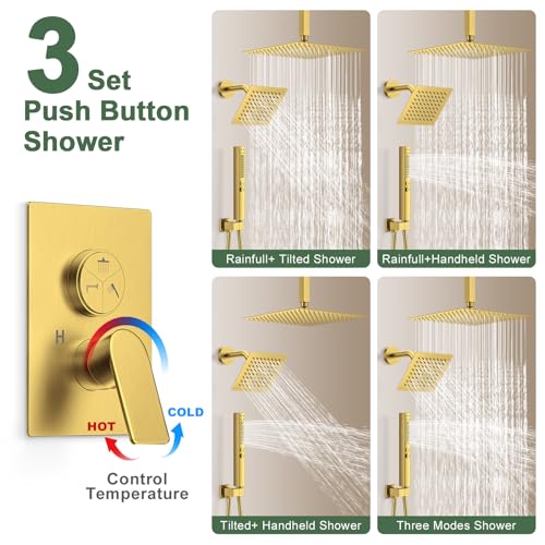 Gold Shower Faucet Set, Home Shower System with 3-Setting Push Button Diverter, 12" Ceiling Rain Shower Head & 6" Wall Mount Shower Head, 2-in-1 Handheld, Shower Valve Trim Kit - color: Brushed Gold