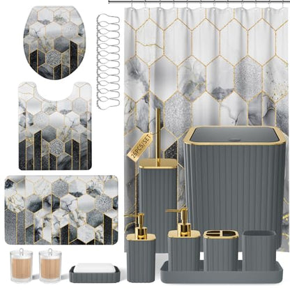 XLHOMO Bathroom Set - 26PC Bathroom Set with Shower Curtain and Rugs, Bathroom Accessory Set, Grey Bathroom Accessories Set, Trash Can & Soap Dispenser - style: Grey&Gold
