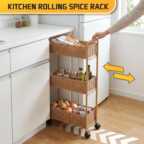 Utility Slim Storage Cart,3-Tier Rolling Kitchen Office Laundry Room Cart,Mobile Shelving Unit Organizer for Living Room Bathroom Baby Diaper Narrow Places (Natural, 3 Tiers-7.1 inch (W)) - color: Natural
