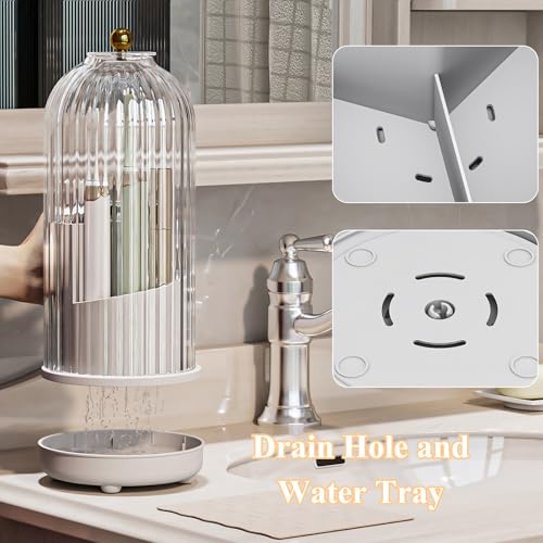 Drainable Toothbrush Toothpaste Holders with Cover, Transparent | Drainage Holes, Waterproof and Dustproof, 360° Rotating Base, Sliding Door, for Bathroom Counter - color: Transparent